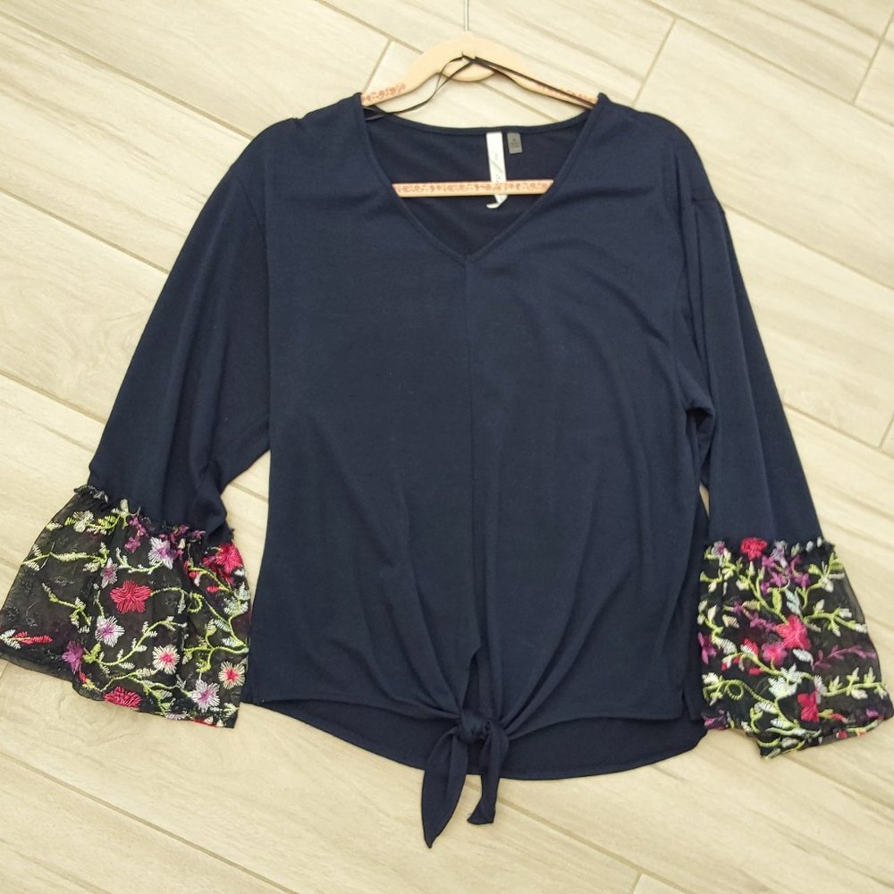 NY Collection Navy Blue Embroidered V-neck Tie Front Hi-Lo Hem Knit Top.…